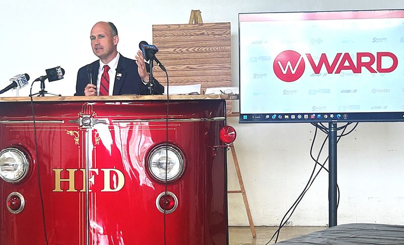 U.S. Rep. Nicholas Langworthy talks about the importance of support for local volunteer firefighters and departments during the third annual New York State Home Day hosted by Ward Diesel and Ward Apparatus in Big Flats.