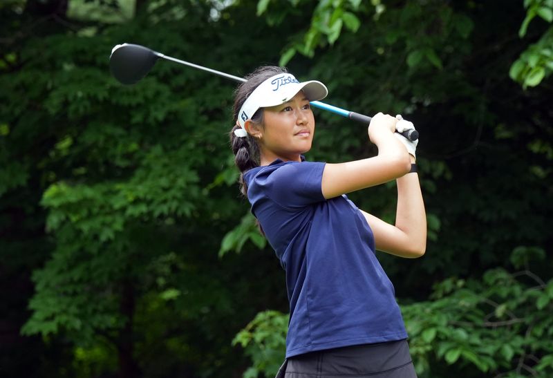 Nina Choe of The Ursuline School tees off on the ninth hole in the final round of the Section 1 girls golf championship at Whipporwill Club in Armonk May 27, 2026.