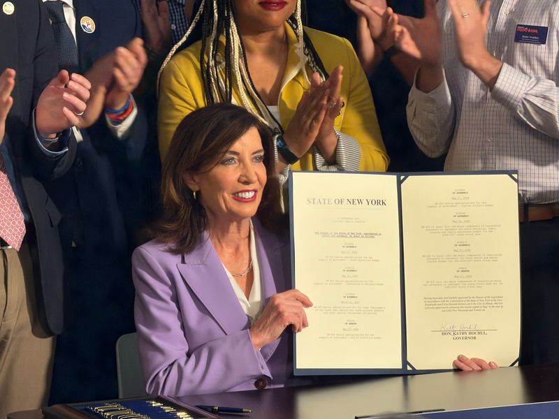 Gov. Kathy Hochul touted the completion of New York state's budget in downtown Albany on Thursday, May 28, 2026.
