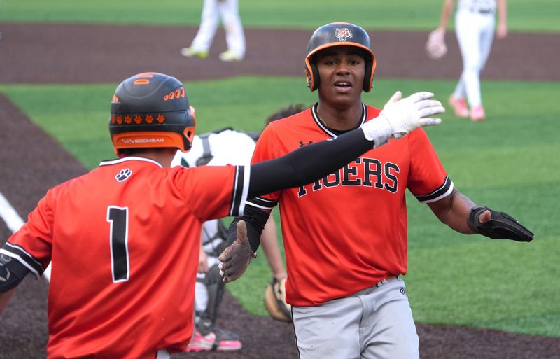 Tuckahoe's Connor Brice is welcomed at home plate by Jay Romeo during their Section 1 Class C championship baseball series game played at North Rockland May 28, 2026. Tuckahoe won game 2, 15-8, to even the series at a game apiece.