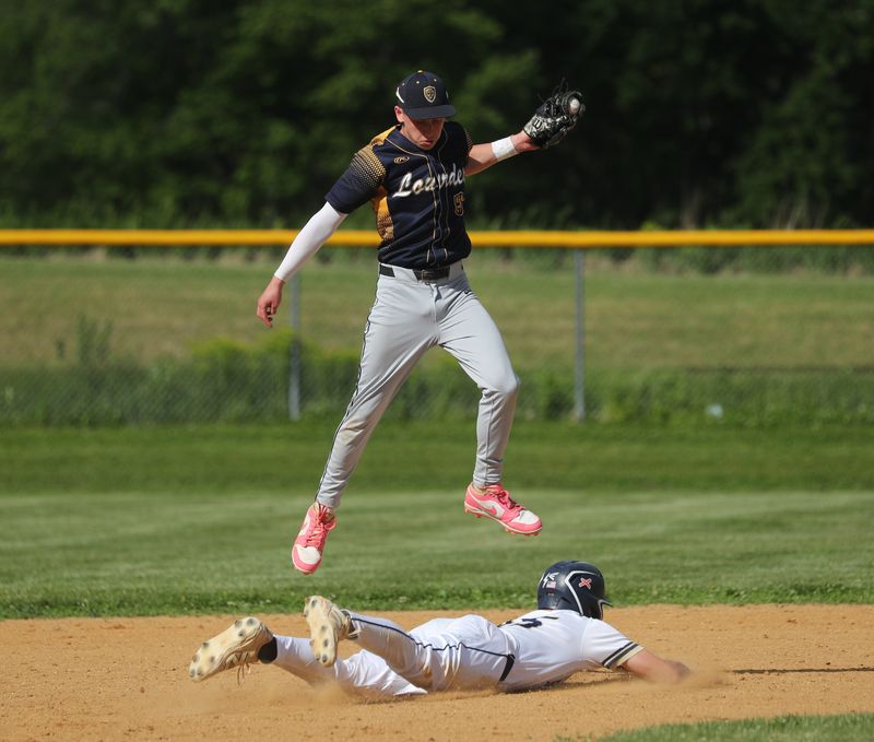 Beacon’s James Bouchard slides back to second base under Lourdes’ Roy Underwood during the Section 9 Class A Semifinal baseball game on May 28, 2026.