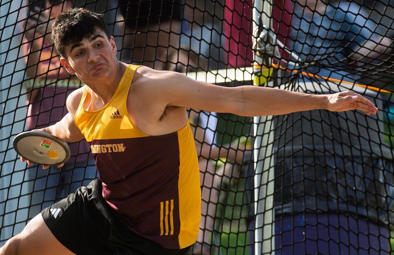 North's Adis Hamidovic competes in the discus during the IHSAA boys regional track meet at Bloomington High School South on Thursday, May 28, 2026.