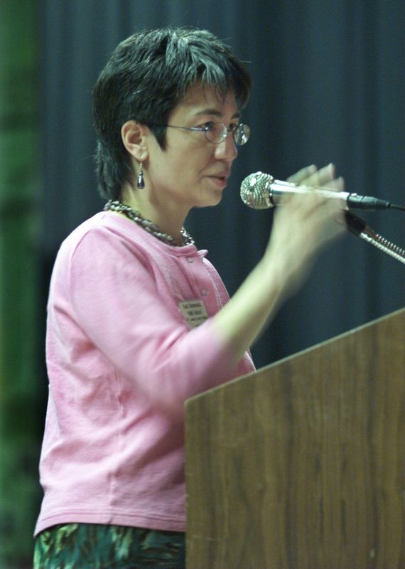 Kimiko Hahn speaks at East Brunswick High School on April 6, 2001.