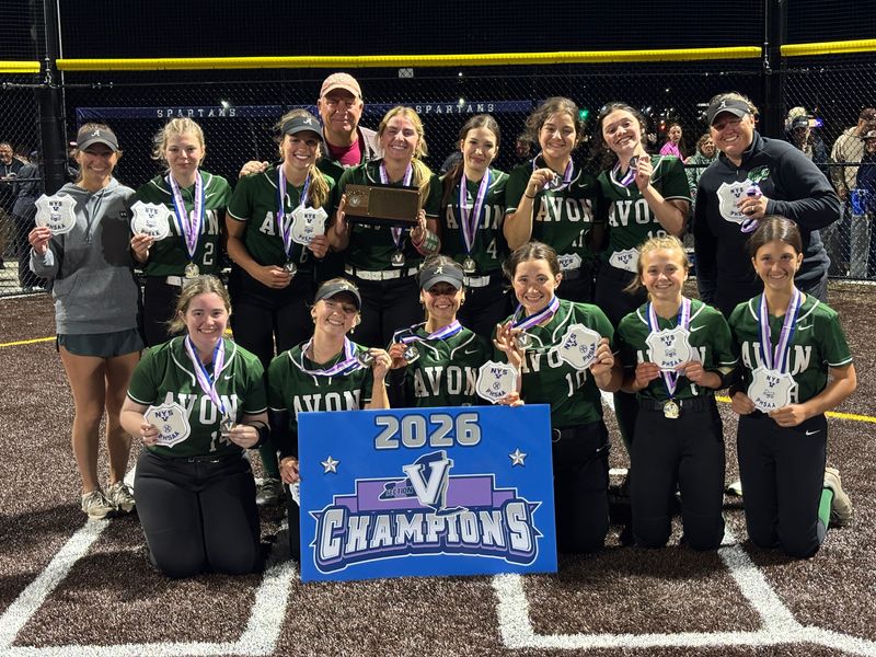 Avon celebrates winning the 2026 Section V Class B2 softball championship after its 2-1 victory over Wellsville at Gates Chili High School on Friday, May 29.