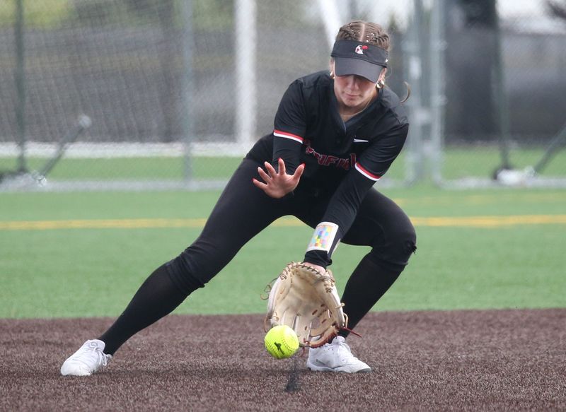 Periled shortstop Stephanie Coughlin fields a grounder and throws to first to put out Hilton’s Kylie Ross in the third inning during their Section V Class AA1 softball sectional final Saturday, May 30, 2026 at Gates Chili High School.