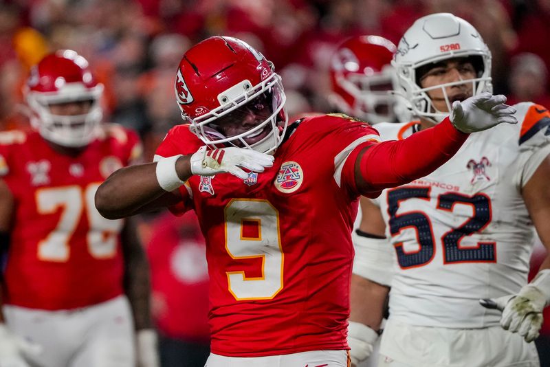 Dec 25, 2025; Kansas City, Missouri, USA; Kansas City Chiefs wide receiver Juju Smith-Schuster (9) celebrates during the fourth quarter at GEHA Field at Arrowhead Stadium. Mandatory Credit: Denny Medley-Imagn Images