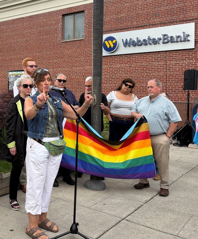 Rockland County Pride Center Executive Director Brooke Malloy speaks at the June 1, 2026, Pride and Trans flag-raising at Haverstraw Village Hall.