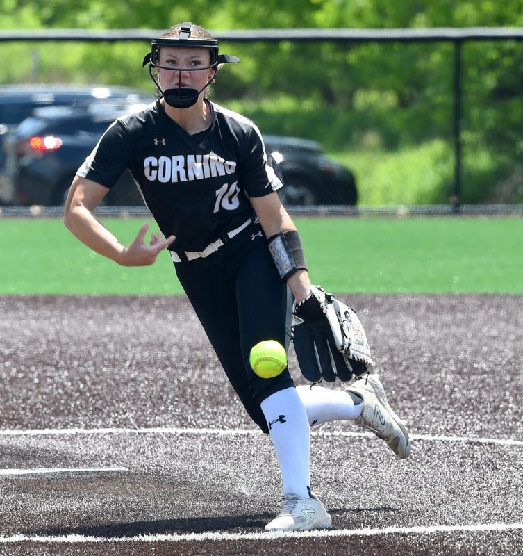 Corning's Matti Johnston pitches during a 4-2 win over Newburgh Free Academy in a NYSPHSAA Class AAA softball subregional June 2, 2026 at Greenlight Networks Grand Slam Park in Binghamton.