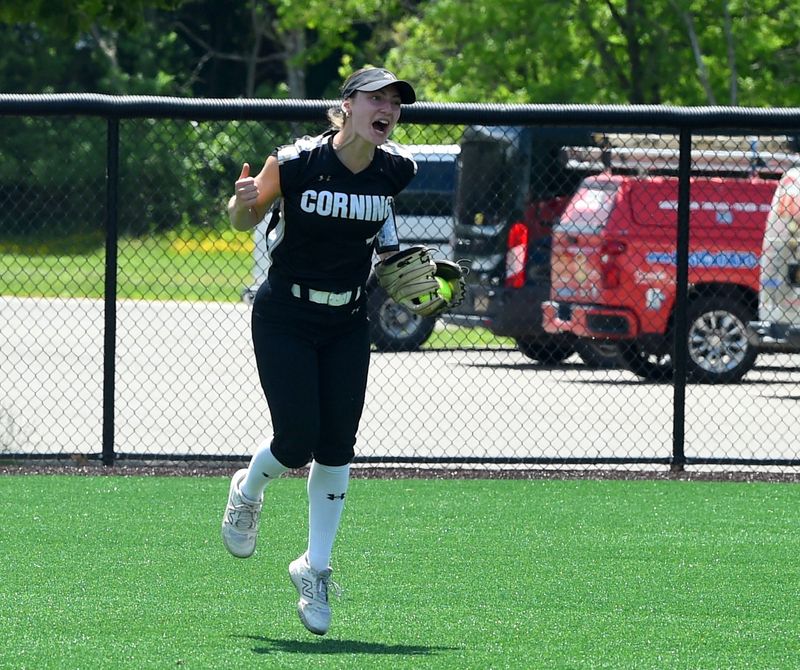 Corning center fielder Lauren DeRosa reacts after making a diving catch during a 4-2 win over Newburgh Free Academy in a NYSPHSAA Class AAA softball subregional June 2, 2026 at Greenlight Networks Grand Slam Park in Binghamton.