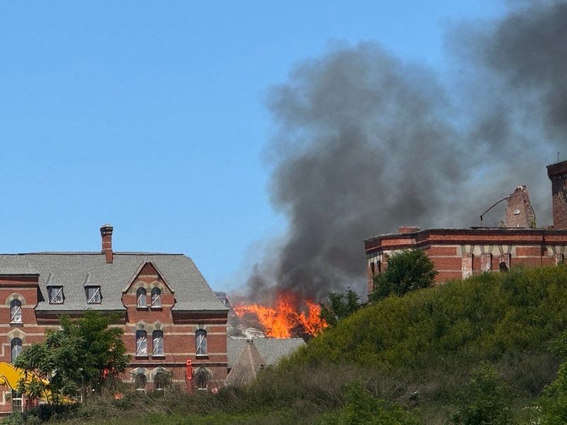 Flames are seen at the former Hudson Valley Psychiatric Center on June 3, 2026.