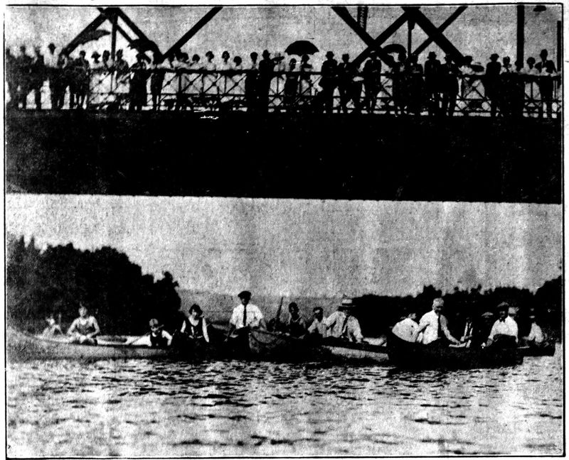 The Walnut Street Bridge and Chemung River during the Elmira regatta. Image from the Star-Gazette on July 5, 1921.