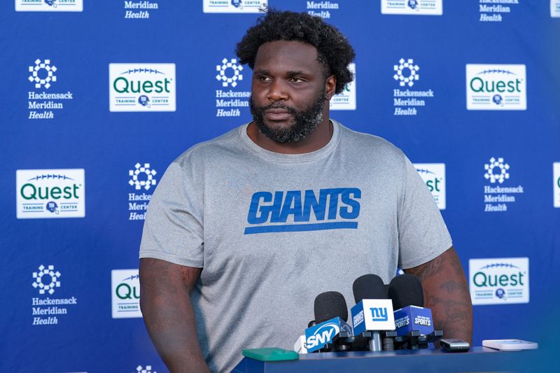 Jun 3, 2026; East Rutherford, NJ, USA; New York Giants defensive tackle DJ Reader (98) talks with media after organized team activities at Quest Diagnostics Training Center. Mandatory Credit: Vincent Carchietta-Imagn Images
