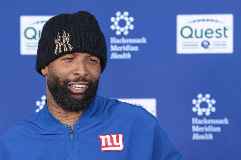 Jun 3, 2026; East Rutherford, NJ, USA; New York Giants wide receiver Odell Beckham Jr. (3) talks with media after organized team activities at Quest Diagnostics Training Center. Mandatory Credit: Vincent Carchietta-Imagn Images
