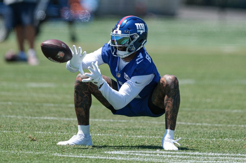 Jun 3, 2026; East Rutherford, NJ, USA; New York Giants wide receiver Odell Beckham Jr. (3) catches the ball during organized team activities at Quest Diagnostics Training Center. Mandatory Credit: Vincent Carchietta-Imagn Images