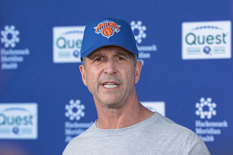 Jun 3, 2026; East Rutherford, NJ, USA; New York Giants head coach John Harbaugh talks with media after organized team activities at Quest Diagnostics Training Center. Mandatory Credit: Vincent Carchietta-Imagn Images