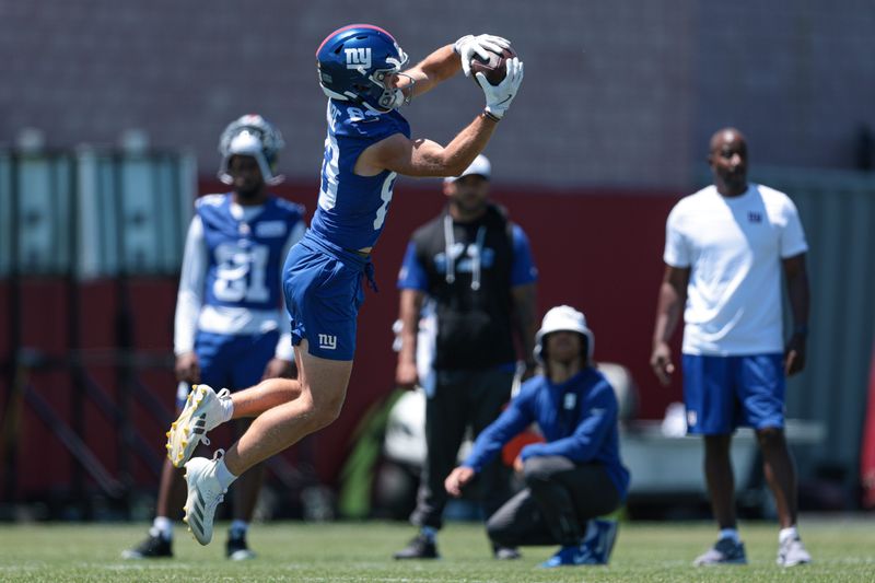 Jun 3, 2026; East Rutherford, NJ, USA; New York Giants wide receiver Dalen Cambre (83) makes a catch during organized team activities at Quest Diagnostics Training Center. Mandatory Credit: Vincent Carchietta-Imagn Images