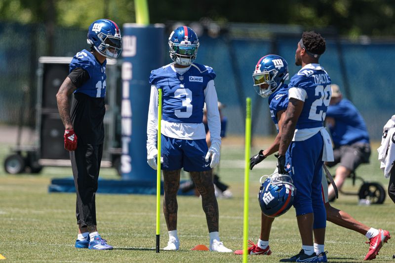 Jun 3, 2026; East Rutherford, NJ, USA; New York Giants wide receiver Odell Beckham Jr. (3) participates in drills with teammates during organized team activities at Quest Diagnostics Training Center. Mandatory Credit: Vincent Carchietta-Imagn Images