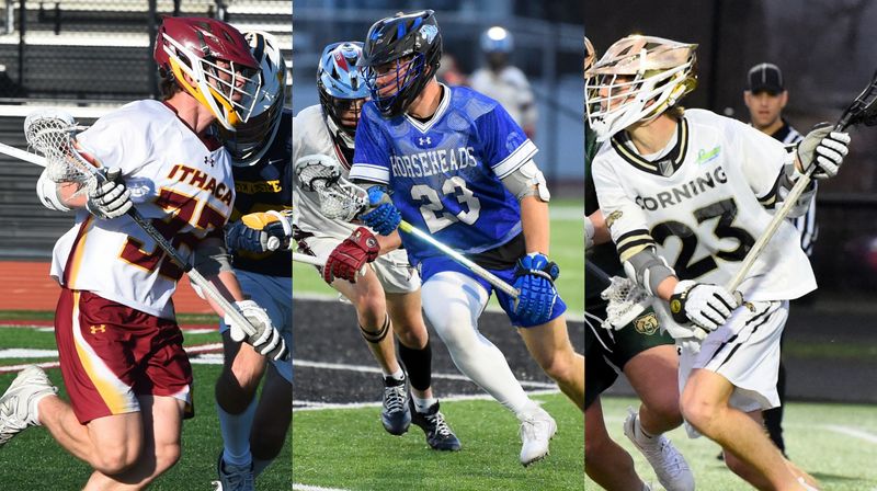 Section 4 boys lacrosse 2026 Scholastic All-Americans, from left: Ithaca's Quentin Getzin, Horseheads' Boe Briggs, and Corning's Kohl Hogue.