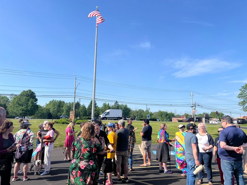 Residents gathered at Webster Town Hall the morning of June 5, 2026 after the pride flag was removed by a vote of the town board the previous evening.