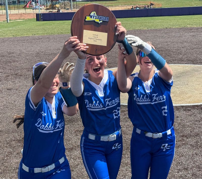 Dobbs Ferry’s, from left, Gianna Stone, Nicolette Giorgio and Kamryn Addis hold the NYPHSAA Softball Class B Regional Champion plaque after defeating Spackenkill on June 5, 2026.