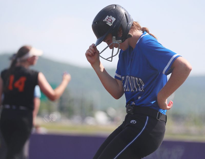 Pearl River’s Brooke Donnelly tips her helmet after bringing in a RBI and getting on first base during the NYPHSAA Class A Regional Championship versus Marlboro on June 5, 2026.
