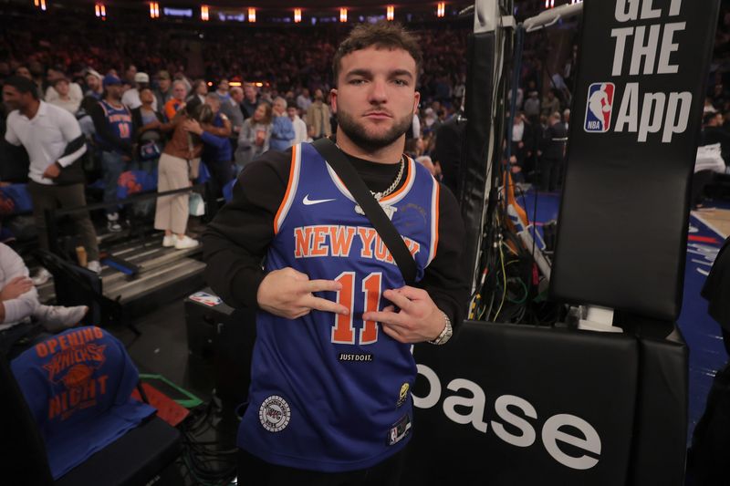 Oct 22, 2025; New York, New York, USA; New York Giants running back Cam Skattebo poses for a photo before an opening night game between the New York Knicks and Cleveland Cavaliers at Madison Square Garden. Mandatory Credit: Brad Penner-Imagn Images
