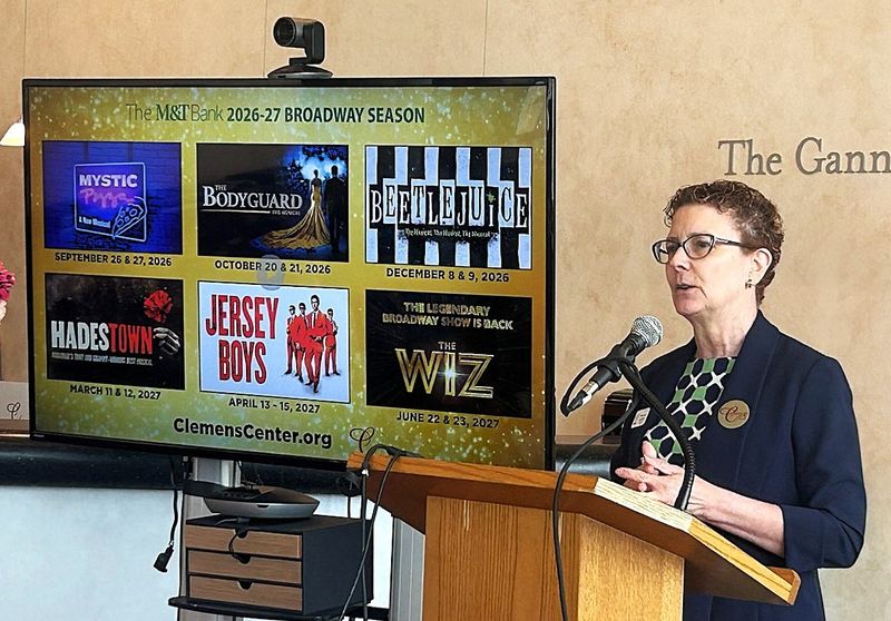 Clemens Center Executive Director Karen Cromer introduces the lineup for the M&T Bank 2026-27 Broadway Series during a news conference Monday, June 8, 2026.