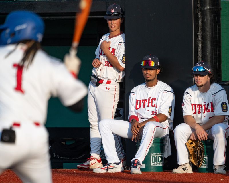 Utica Post 229 players watch Jaadiel Romero battle at the plate at Murnane Field in Utica, NY on Tuesday, June 9, 2026.