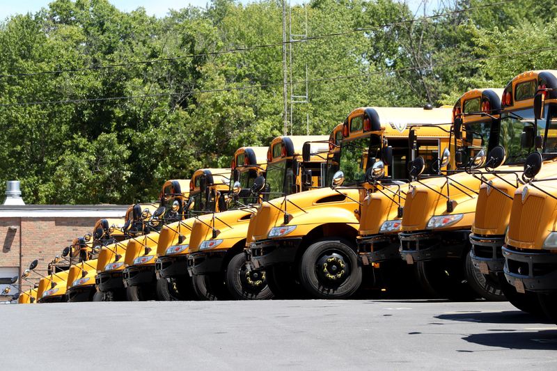 Buses lined up at the Hyde Park Central School District Transportation Department on June 9, 2026.