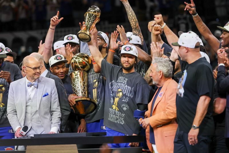 Jun 13, 2026; San Antonio, Texas, USA; New York Knicks guard Jalen Brunson (11) celebrates with his teammates after the Knicks defeat the San Antonio Spurs during game five of the 2026 NBA Finals at Frost Bank Center. Mandatory Credit: Geoff Burke-Imagn Images