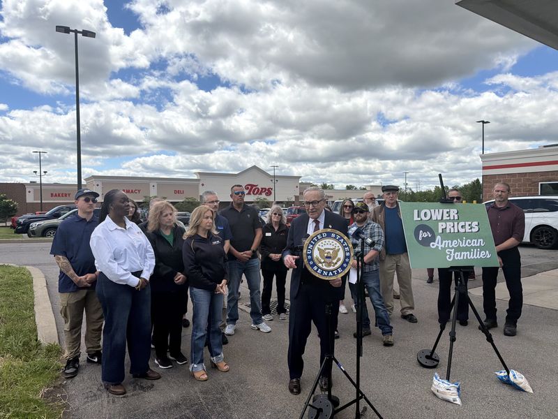 Sen. Charles Schumer stopped at the Tops Friendly Markets in Walworth on June 15, 2026, to promote a piece of legislation to break up meatpacking monopolies.