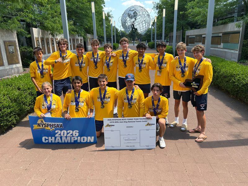 The Byram Hills boys tennis team poses for a photo after winning the New York State Division 2 title on June 12, 2026, at the USTA Billie Jean King Tennis Center in Queens.
