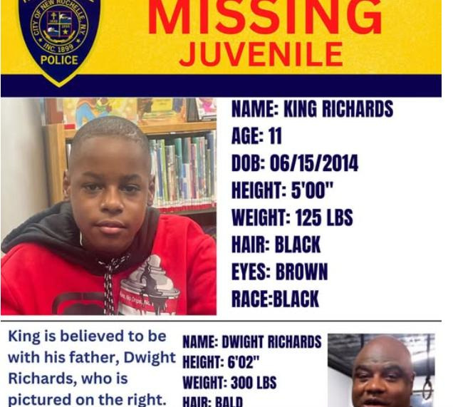 Missing Juvenile poster issued in 2025 by New Rochelle police after King Richards was allegedly taken by his non-custodial father. Dwight Richards was arrested June 15, 2025, in the Bronx, and King was reunited with his mother.