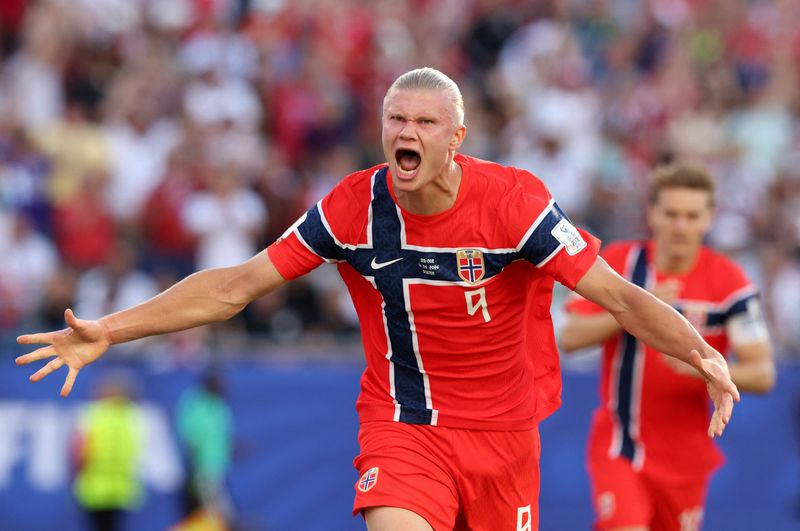 Norway's Erling Haaland celebrates scoring their first goal in Foxborough, Massachusetts on June 16, 2026.