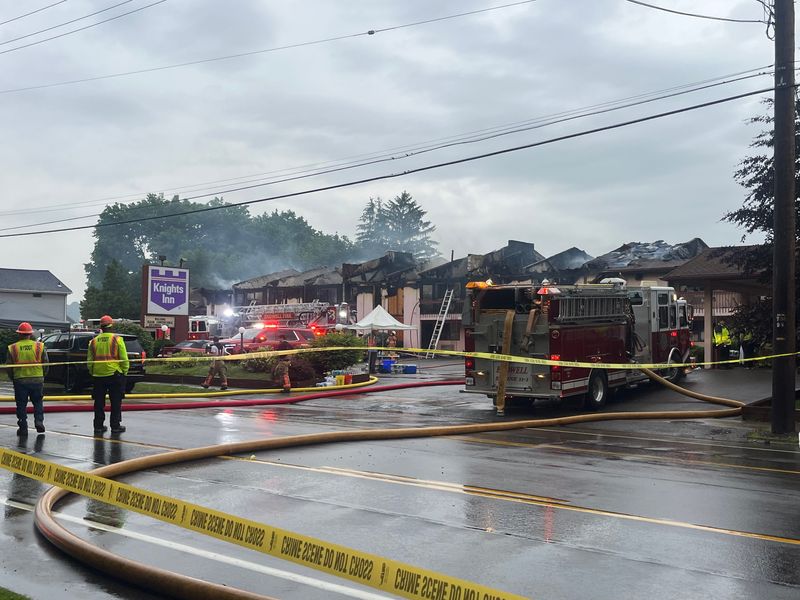 Dozens of people have reportedly been displaced by a three-alarm fire at an Endwell inn.