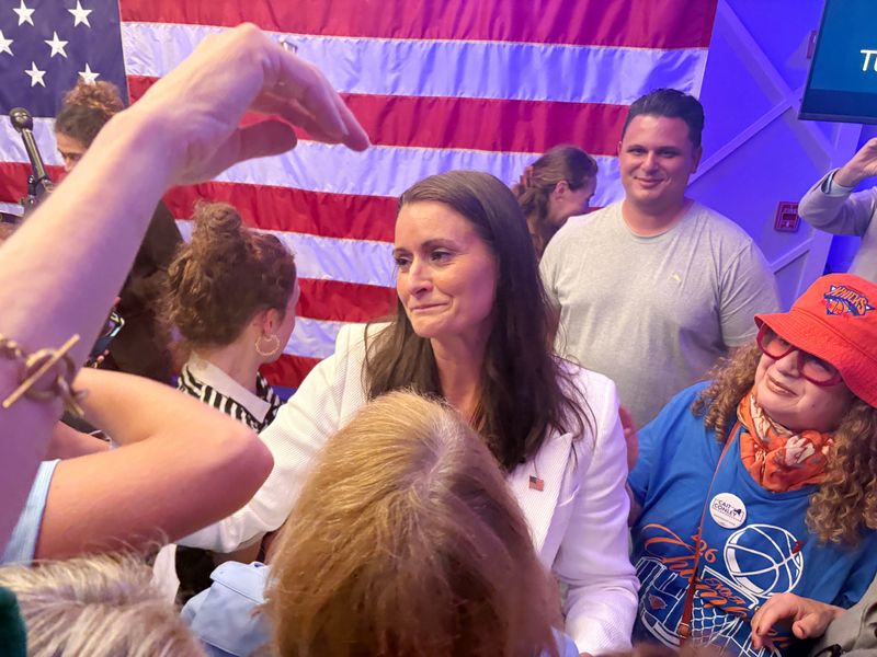 Cait Conley thanks her supporters during her victory speech after winning the 17th Congressional District primary at the Travelers Rest in Millwood June 23, 2026.