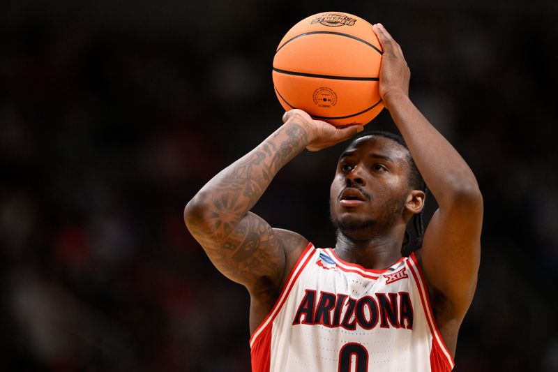 Mar 28, 2026; San Jose, CA, USA; Arizona Wildcats guard Jaden Bradley (0) shoots the ball against the Purdue Boilermakers in the first half during an Elite Eight game of the West Regional of the men's 2026 NCAA Tournament at SAP Center. Mandatory Credit: Eakin Howard-Imagn Images