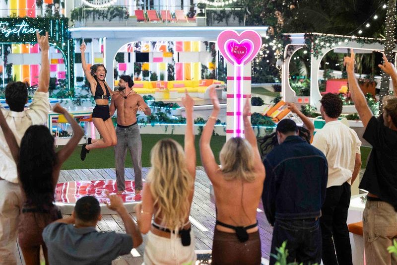 Contestants react during a recent episode of “Love Island USA” as the show continues Season 8 and the Casa Amor twist.