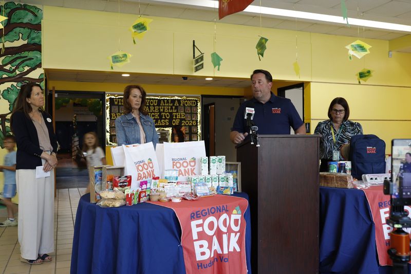 From left, Denise Frangipane, Paula Kay, Thomas Nardacci, and Traci Ferriera at the Student Summer Meal Kit announcement at George Ross Mackenzie Elementary School in Glen Spey, New York, on June 24, 2026.