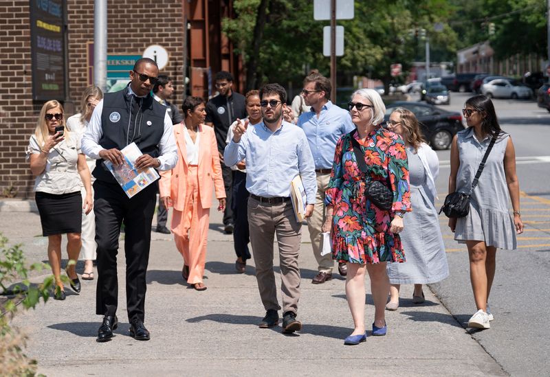 New York Secretary of State Walter T. Mosley is guided on a tour of the Downtown Revitalization Initiative locations with Carol Samol and Peter Erwin from Peekskill's Department of Planning & Development. Thursday, June 25, 2026.