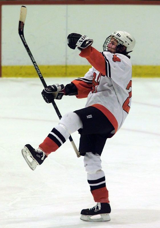 RIT's David Bagley celebrate his goal in the TIger's 10-1 win over Hobart in first round of the ECAC West Championship.