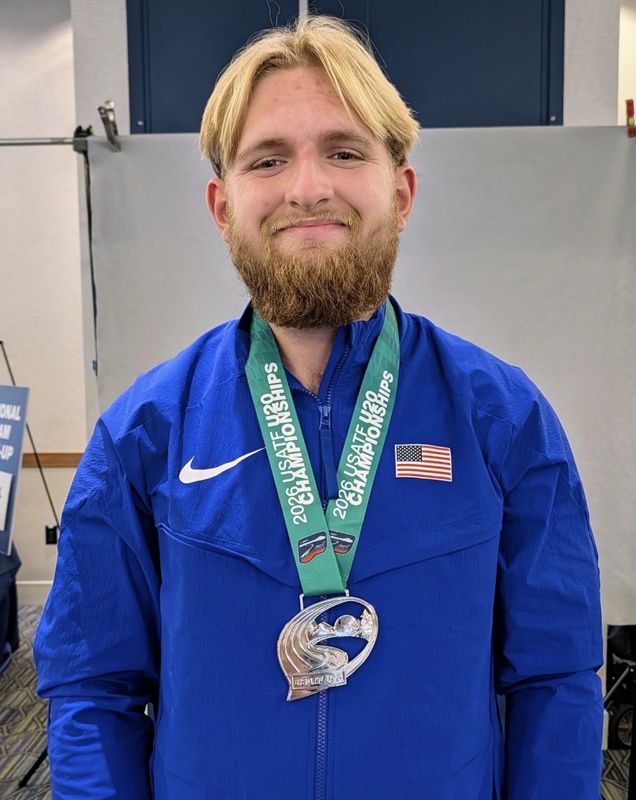 Somers’ Charlie Sullivan after winning the silver medal in the U20 hammer throw at the 2026 Nike Outdoor Track and Field Nationals in Eugene, Oregon. He has qualified to compete in the U20 World Championships in August in Eugene.