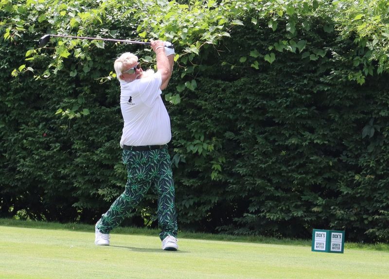 John Daly tees off on the 16th hole at En-Joie Colf Club in the second round of the Dick's Sporting Goods Open on Saturday, June 27, 2026.
