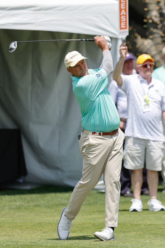 Day one leader Dicky Pride tees off at the second round of the Dick's Sporting Goods Open at the En-Joie golf course