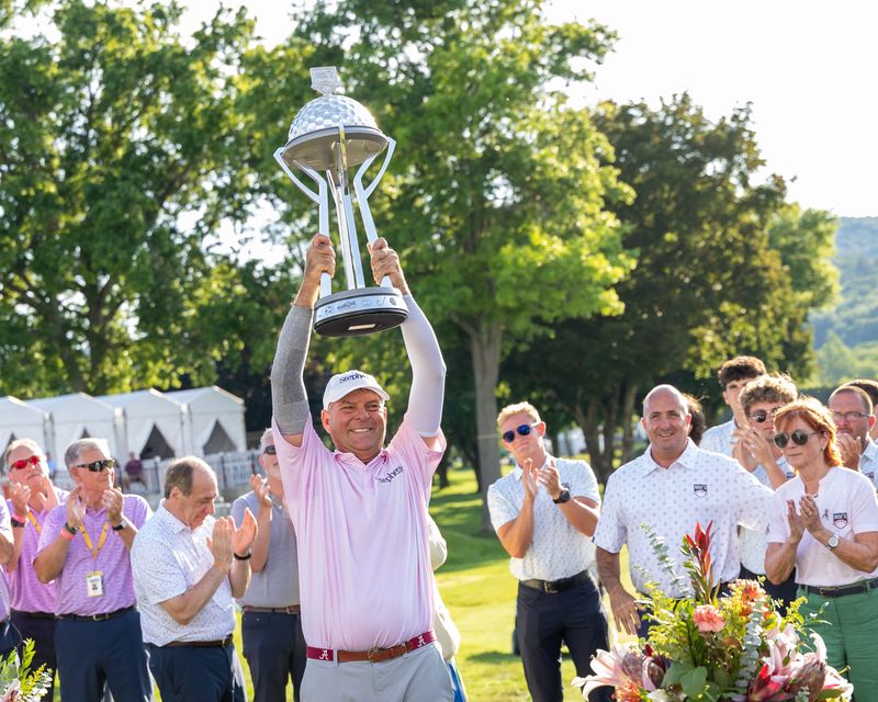 Dicky Pride celebrates winning the Dick's Open at En-Joie Golf Club in Endicott, NY, on Sunday, June 28, 2026.