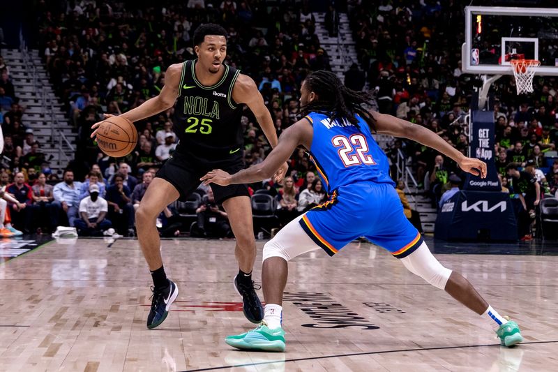 Apr 29, 2024; New Orleans, Louisiana, USA; New Orleans Pelicans guard Trey Murphy III (25) dribbles against Oklahoma City Thunder guard Cason Wallace (22) during game four of the first round for the 2024 NBA playoffs at Smoothie King Center. Mandatory Credit: Stephen Lew-USA TODAY Sports