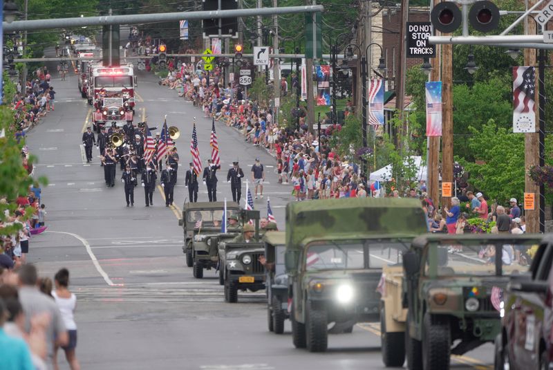 The Fourth of July parade in Fairport kicked off with Veterans of Foreign War Perinton Memorial Post 8495 leading it south on Main Street on July 4, 2026.  Behind them were the Fairport Fire Department Band.