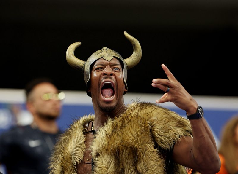 June 30, 2026; Arlington, Texas, U.S.; New York Giants' Jameis Winston wears a Viking themed costume inside the stadium before the match.  Mandatory Credit: Tim Heitman-Imagn Images