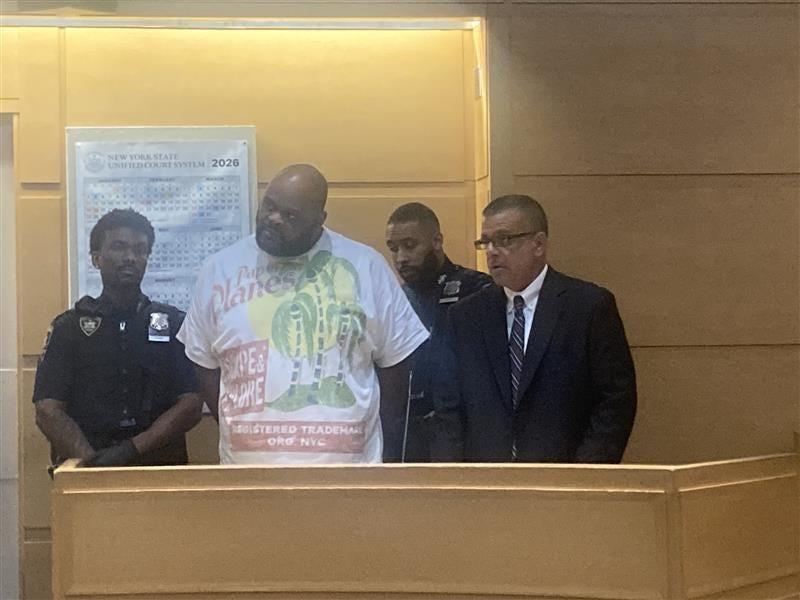 Shawn McLaurin, left, with his lawyer Anthony Mattesi in White Plains City Court July 13, 2026, at his arraignment on second-degree murder charge in Dec. 31, 2021, fatal shooting of Shawn Jefferson on North Kensico Avenue.