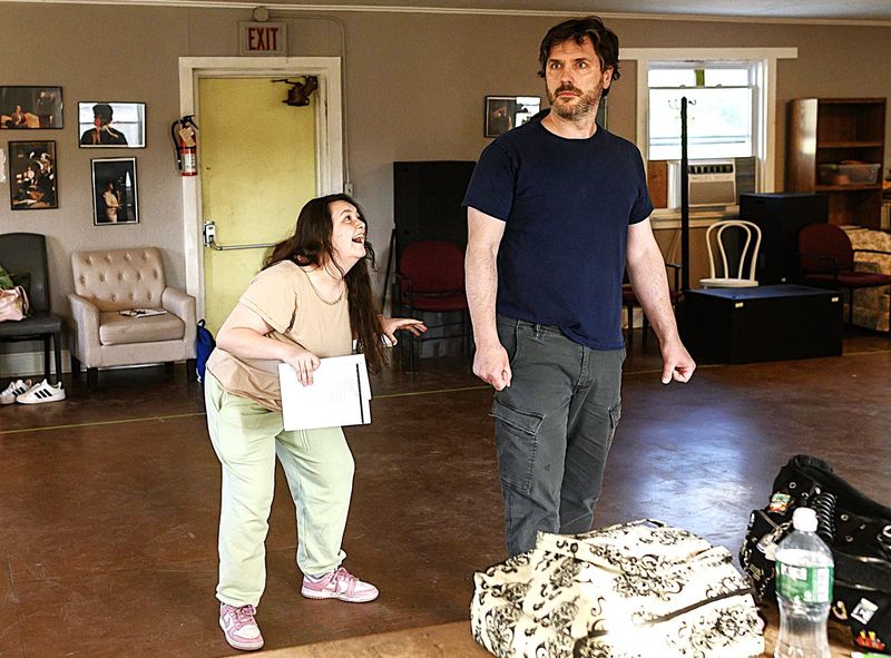 Courteney Seeley and Tim Collins rehearse a scene from the upcoming Elmira Little Theatre production of Young Frankenstein.